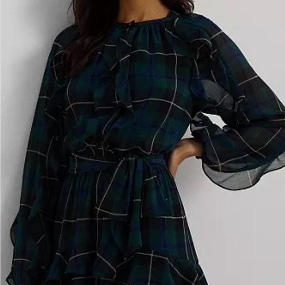Ralph Lauren Dark Green Plaid Long Sleeve Georgette dress NWT